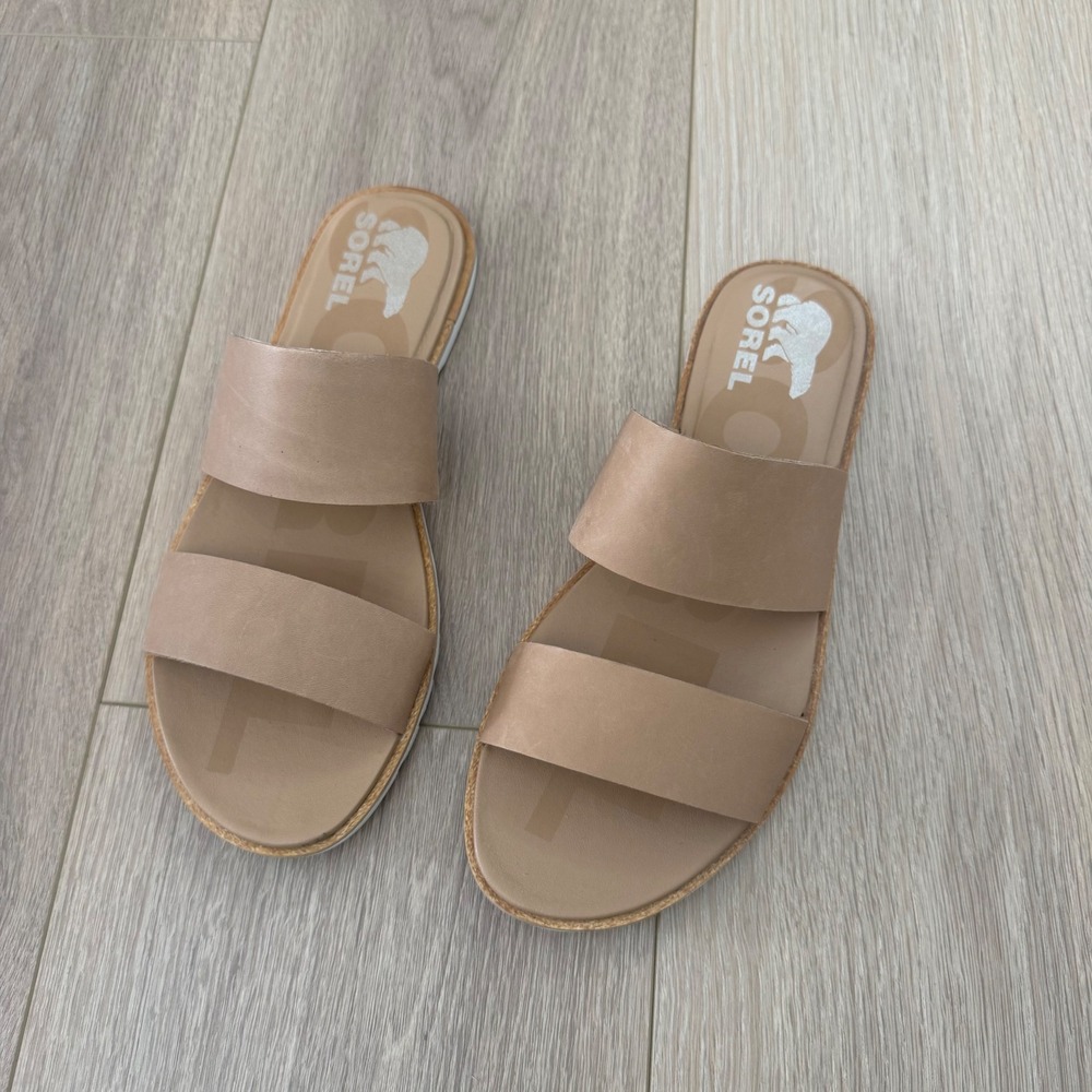 Sorel Roaming 2-Strap Slide Sandals Tan Leather Scalloped Sole NL4263-246 W 8.5